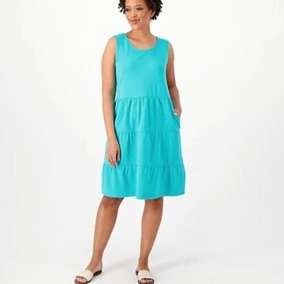 Denim & Co. Printed Favorite Jersey Scoop Neck Swing Tank Dres Bright Aqua,XX-Sm - Picture 1 of 1
